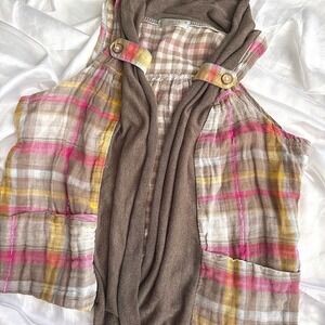 H.I.S. Plaid Hooded Vest Mixed Gingham Draped Open Front Brown Pink Yellow Boho